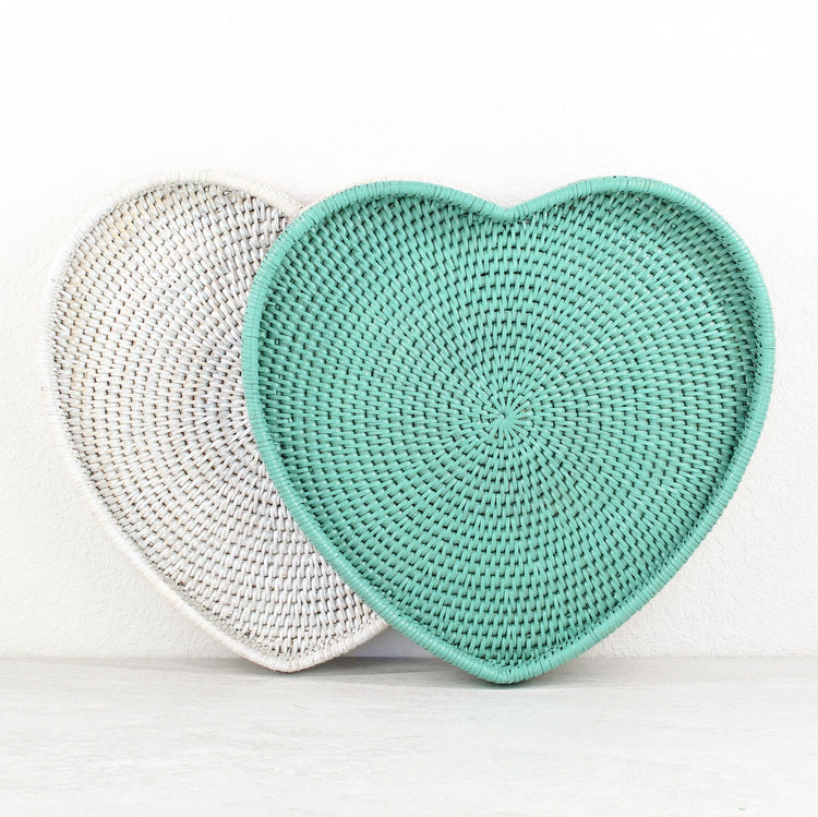 ECO HANDCRAFT heart-shaped rattan trays in turquoise and whitewash, perfect for romantic home décor or gift styling.