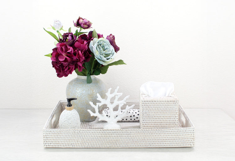 ECO HANDCRAFT whitewash rectangle rattan tray styled with coral and tissue box, perfect for elegant bathroom countertop decor