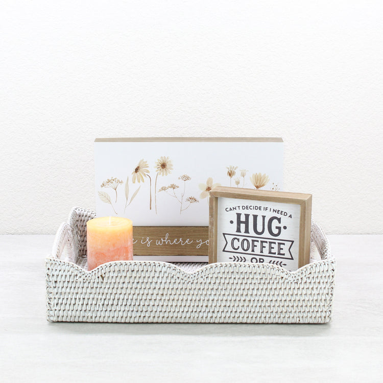 ECO HANDCRAFT scalloped whitewash rattan tray with candle and decor, styled for cozy farmhouse or neutral home interior