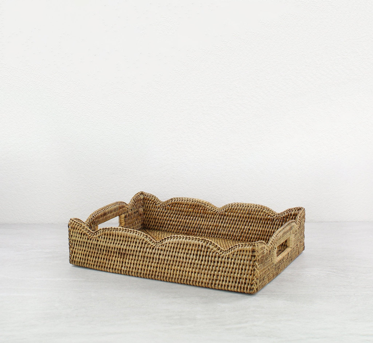 ECO HANDCRAFT scalloped edge rattan tray with handles for elegant home organizing or luxury serving decor