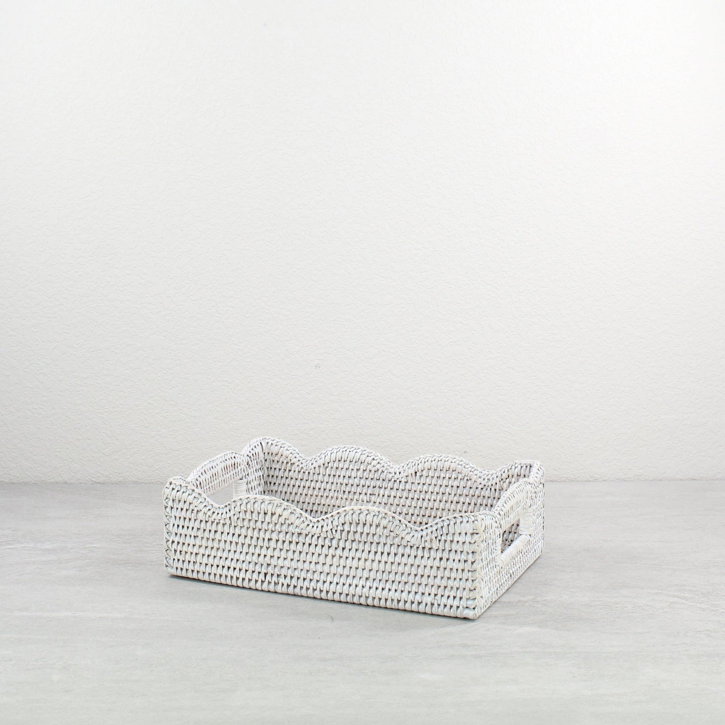 ECO HANDCRAFT whitewashed rectangular rattan tray with scalloped edges and handles, perfect for vanity, bath, or serving