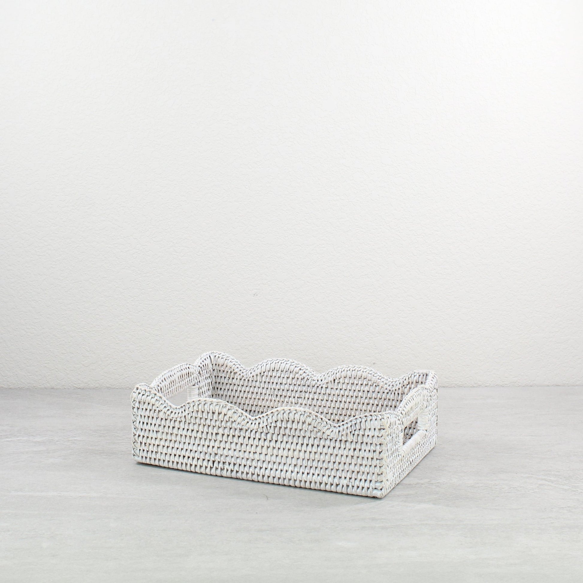 ECO HANDCRAFT whitewashed rectangular rattan tray with scalloped edges and handles, perfect for vanity, bath, or serving