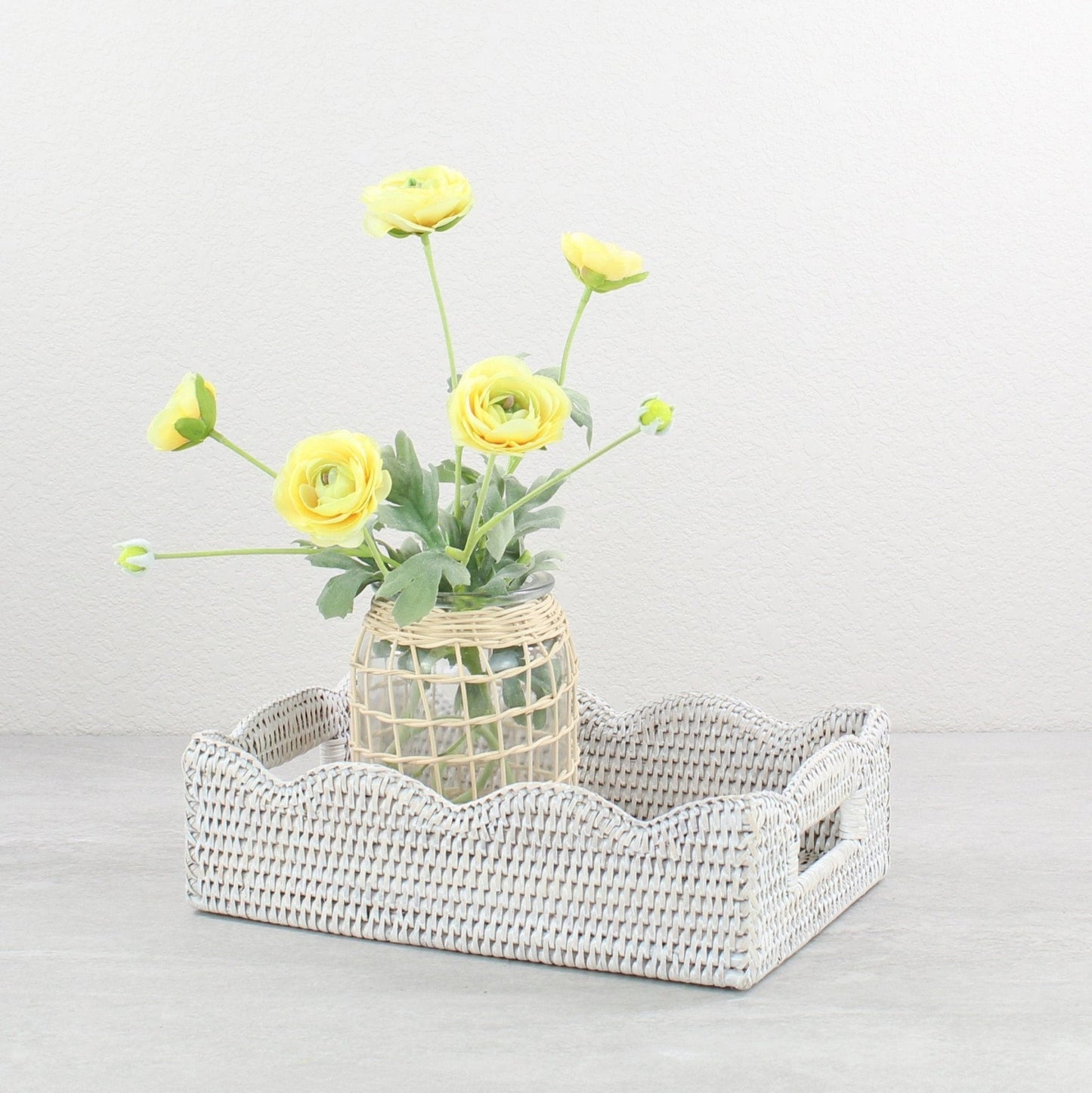 Eco Handcraft scalloped whitewash rattan tray with yellow flower vase – handmade for elegant coastal home styling