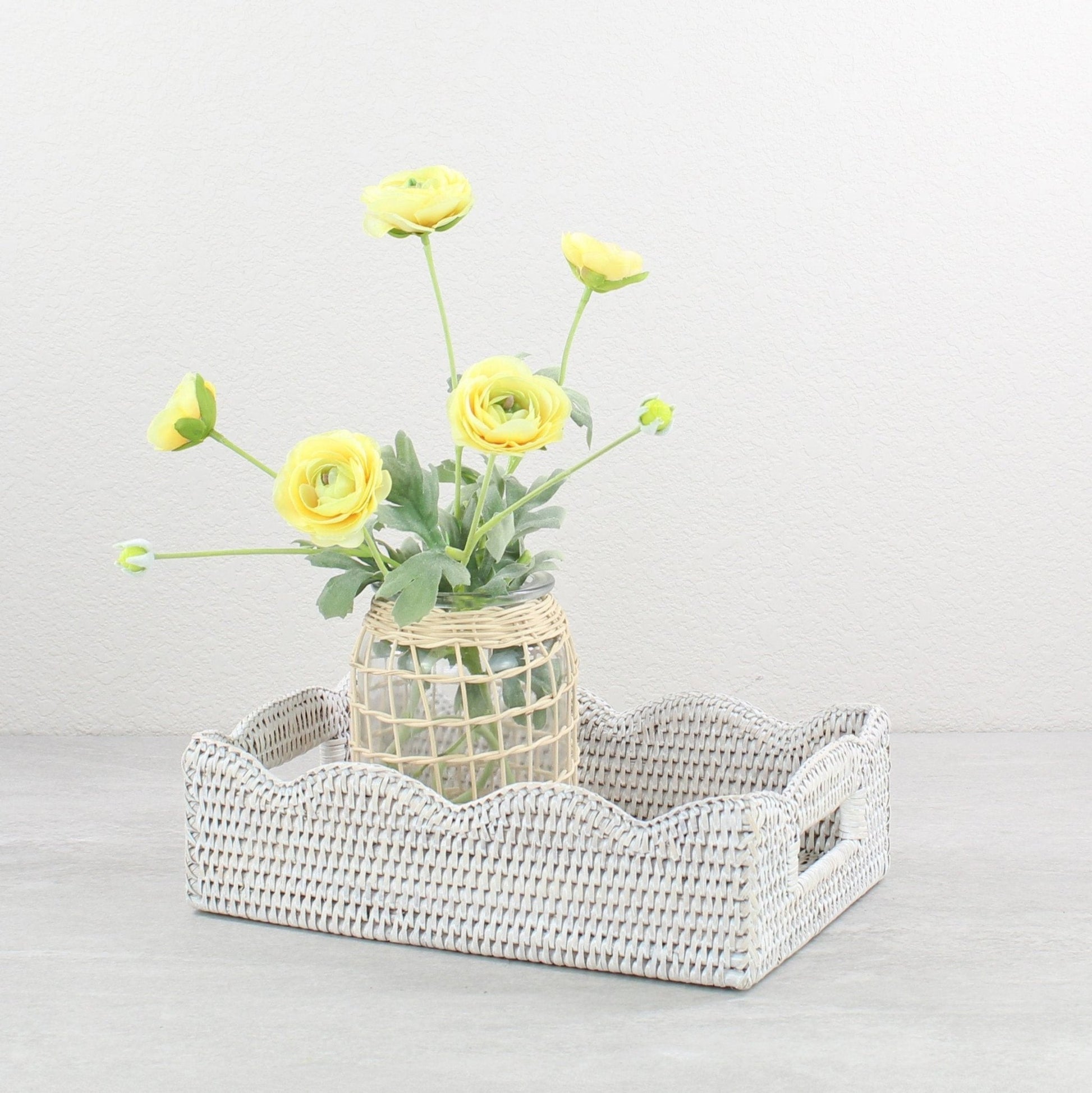 Eco Handcraft scalloped whitewash rattan tray with yellow flower vase – handmade for elegant coastal home styling