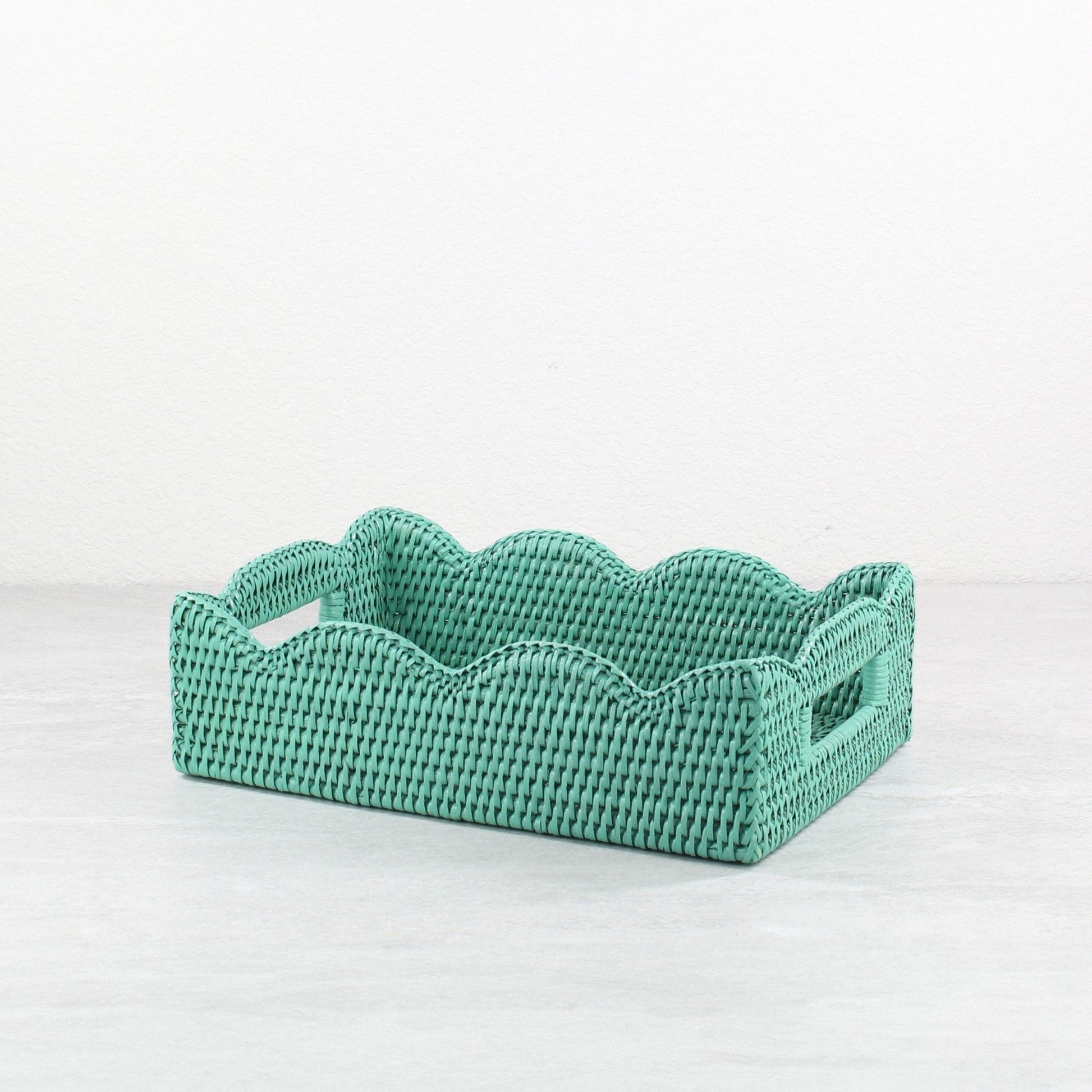 Eco Handcraft scalloped edge turquoise rattan tray with handles for serving, organizing, or styling