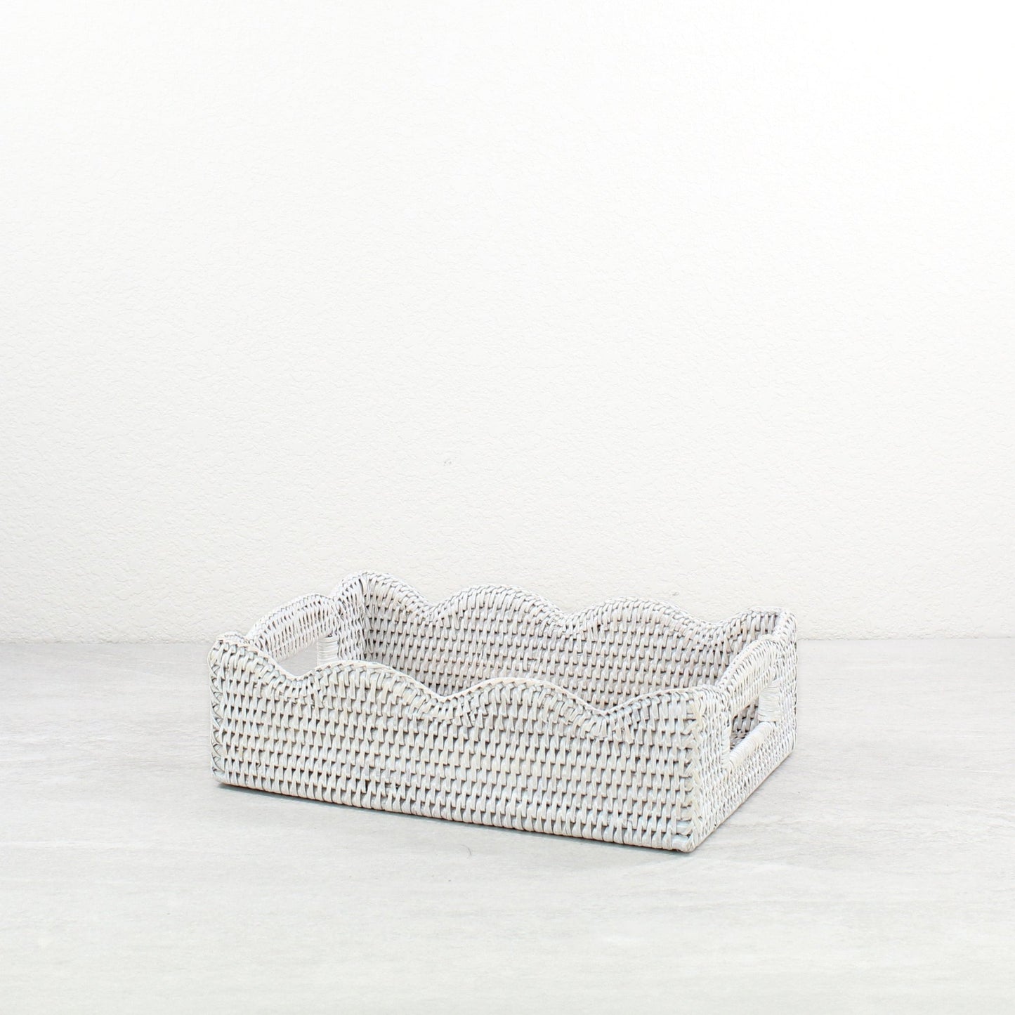 Eco Handcraft scalloped rattan tray for bright, calming vanity display