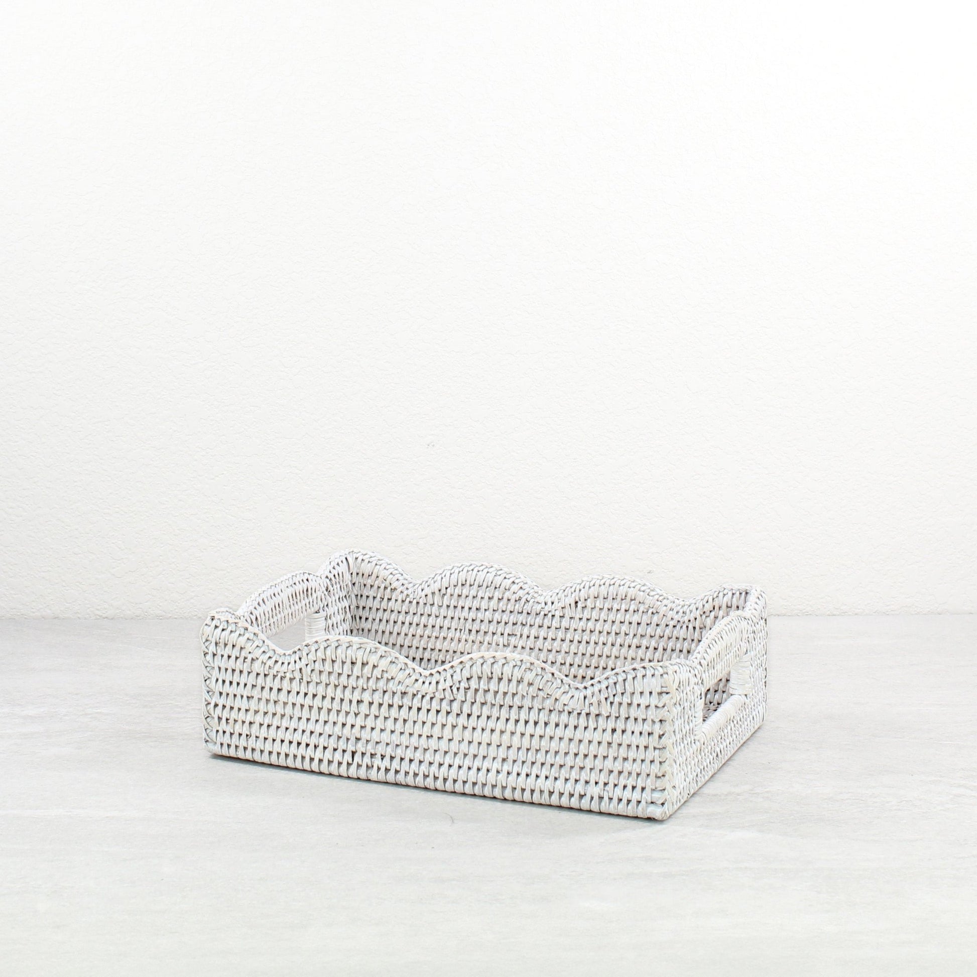 Eco Handcraft scalloped rattan tray for bright, calming vanity display