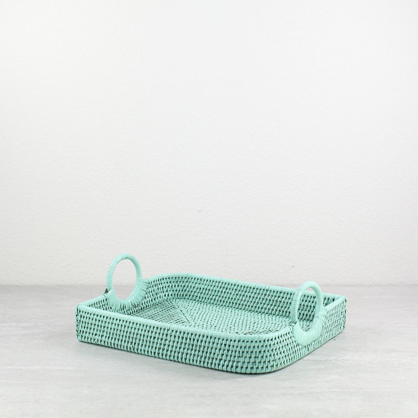ECO HANDCRAFT sage leaf green leaf rattan tray with round side handles, great for breakfast serving or décor