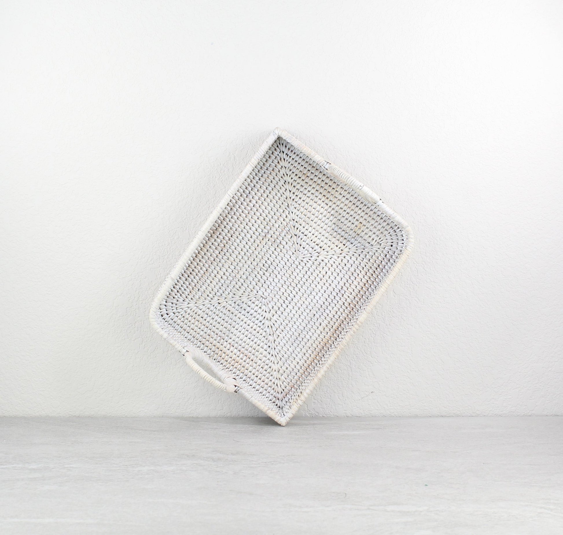 Eco Handcraft whitewash leaf shaped rattan tray with handles, handmade for kitchen, vanity, or serving use