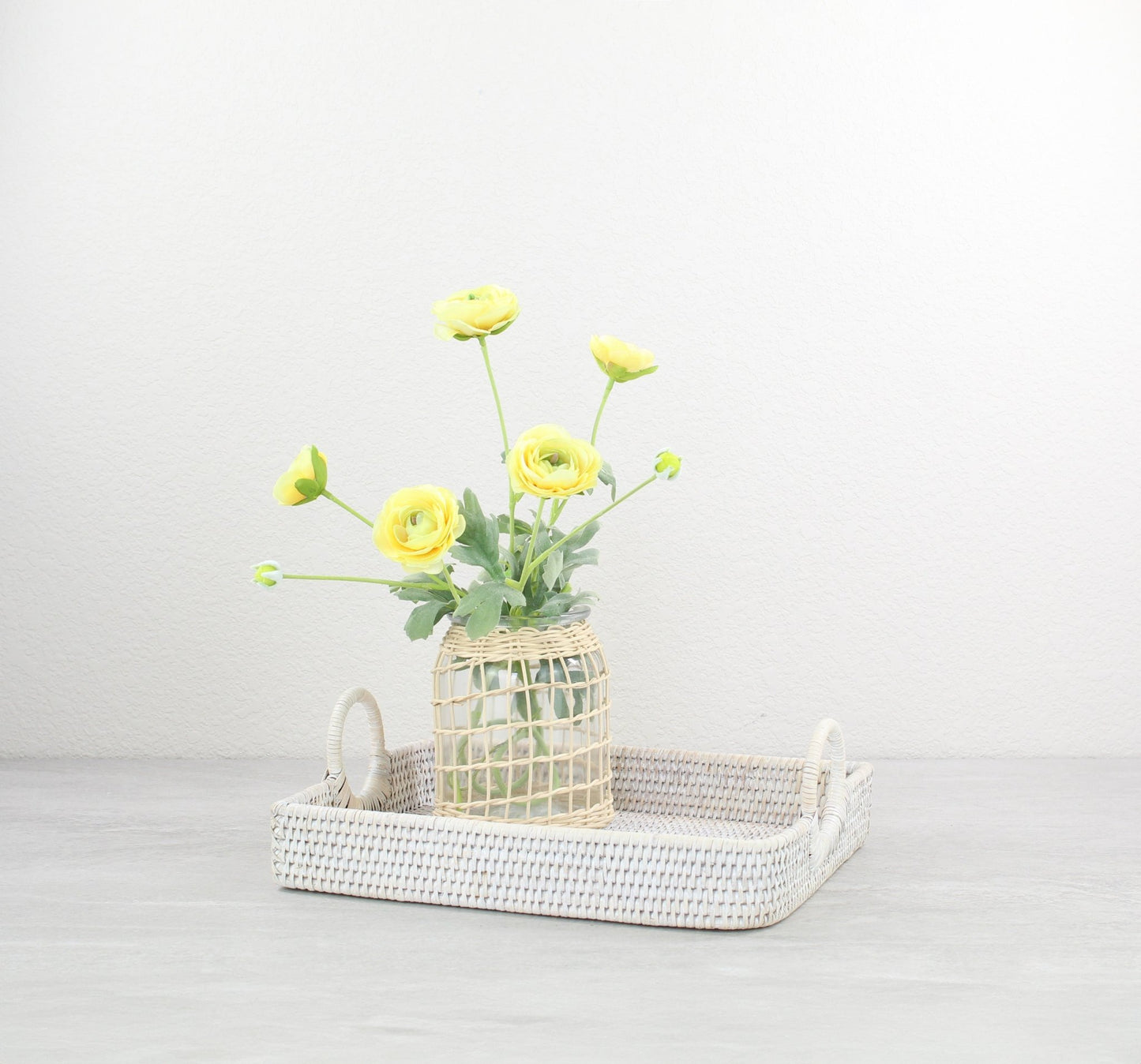 Eco Handcraft classic whitewash leaf shaped rattan tray with yellow floral vase and looped handles