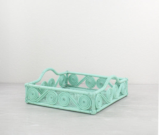 Handwoven Mid-Century Modern Swirly Square Rattan Tray with Handles