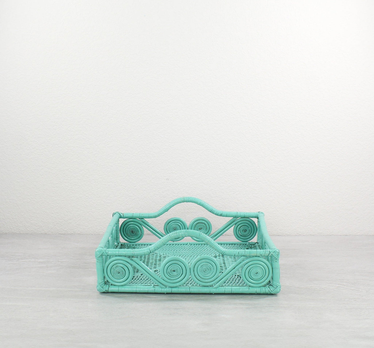 Handwoven Mid-Century Modern Swirly Square Rattan Tray with Handles