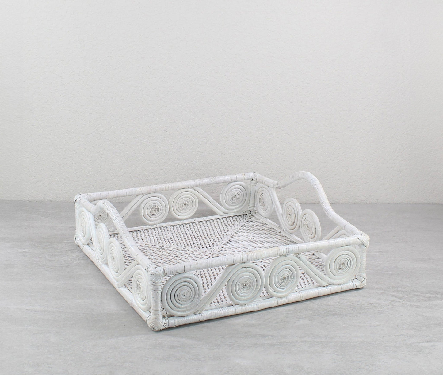 Handwoven Mid-Century Modern Swirly Square Rattan Tray with Handles