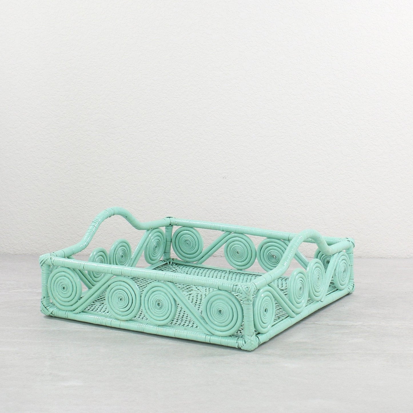 ECO HANDCRAFT sage leaf green square rattan tray with scroll pattern, great for decorative serving or home display