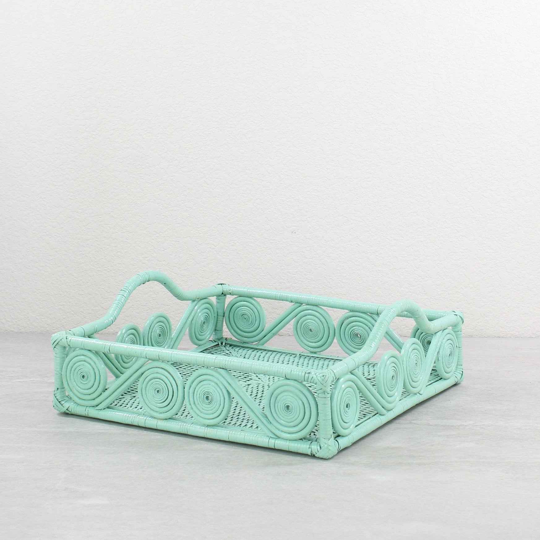ECO HANDCRAFT sage leaf green square rattan tray with scroll pattern, great for decorative serving or home display