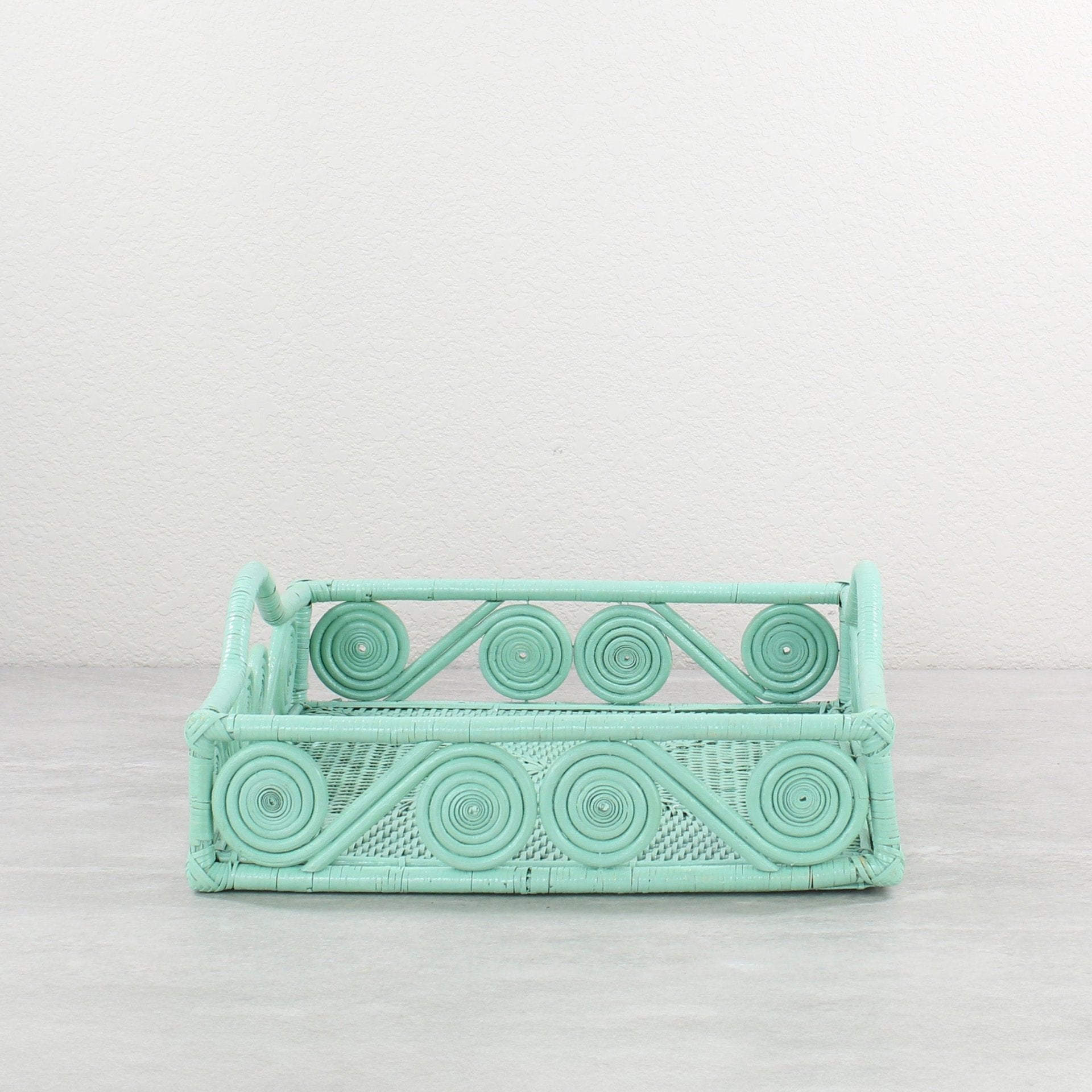 ECO HANDCRAFT sage green rattan scroll tray in square shape, perfect for gifts, serving, or bathroom organization