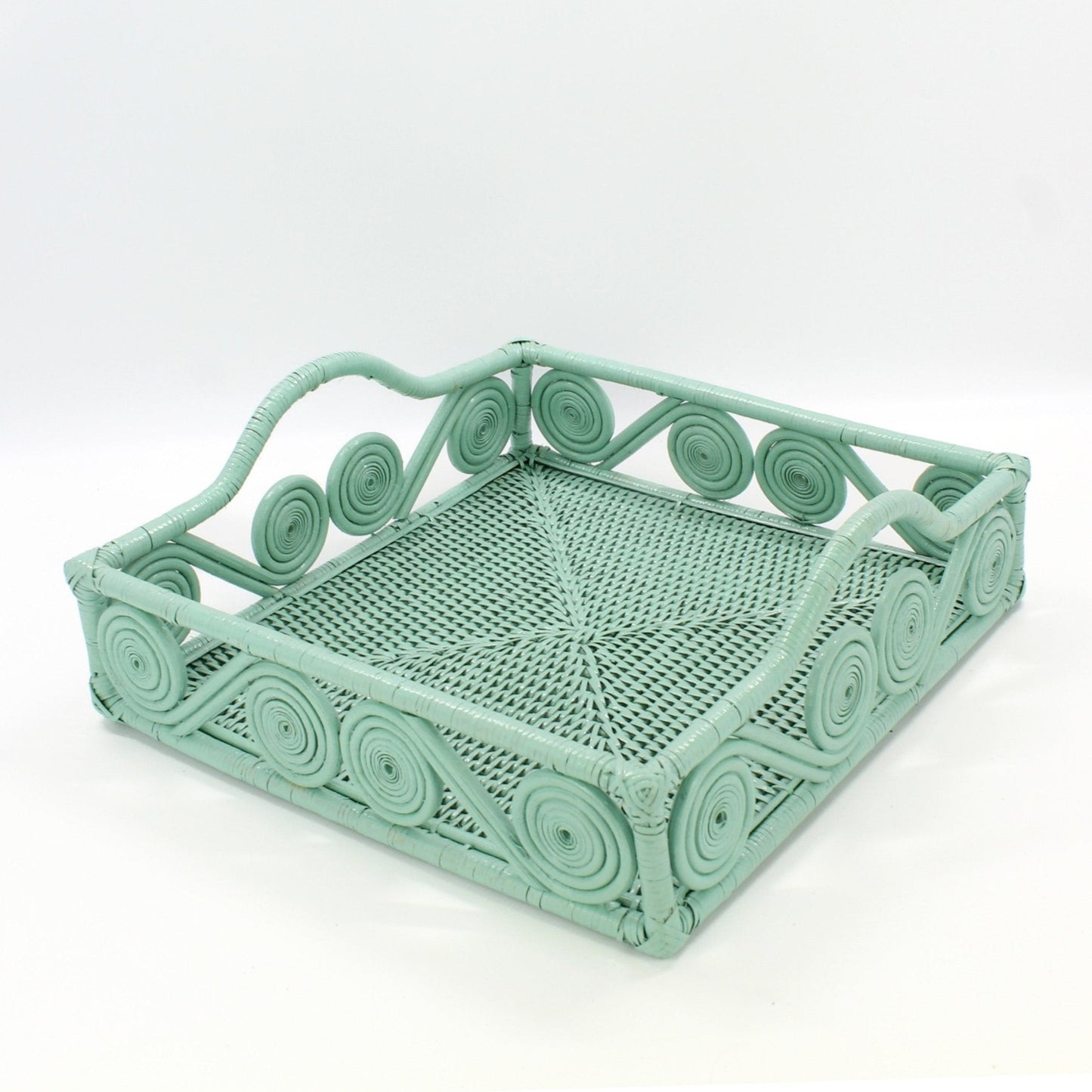 Eco Handcraft swirl accent rattan tray in sage green, handmade for boho, coastal, or modern serving use