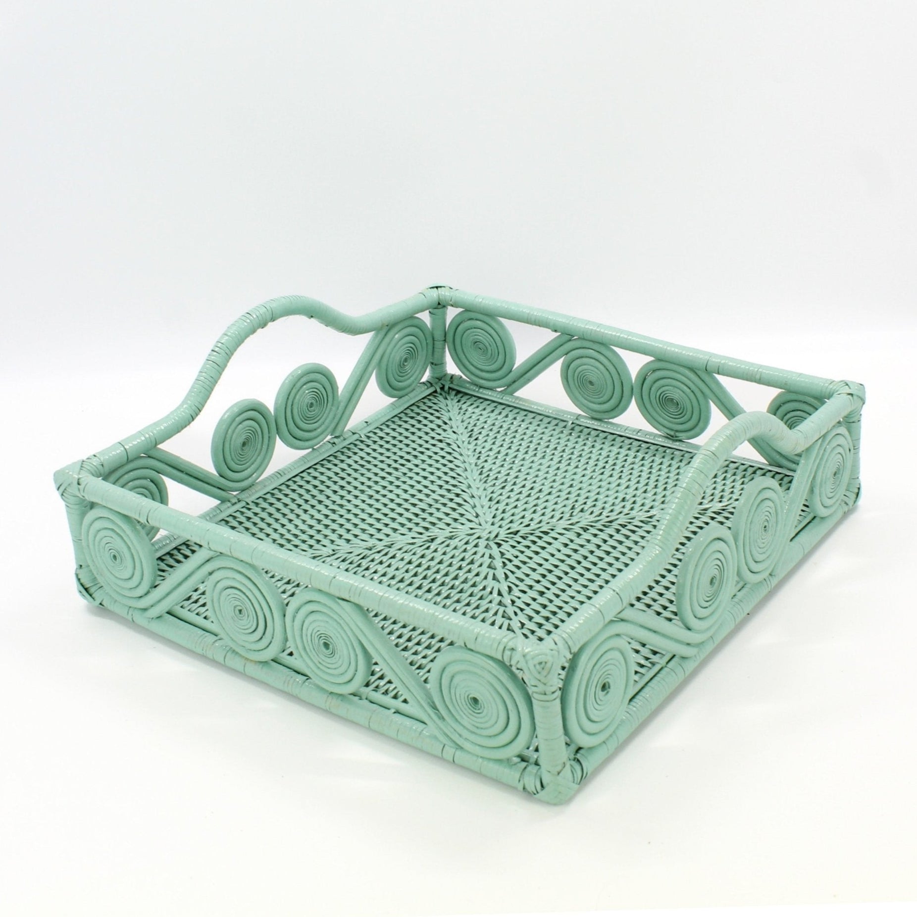 Eco Handcraft swirl accent rattan tray in sage green, handmade for boho, coastal, or modern serving use