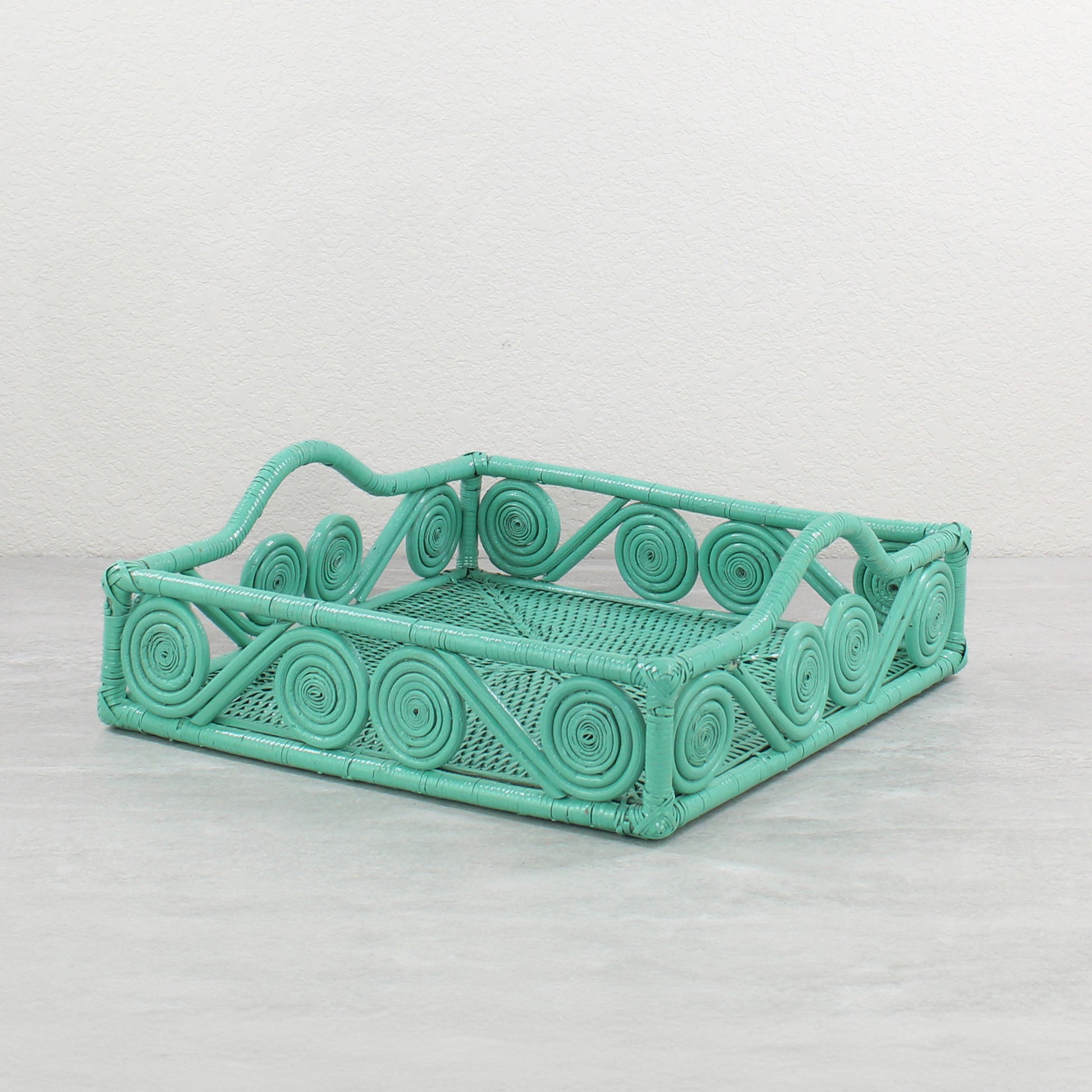 Eco Handcraft square rattan tray with swirly scroll design, ideal for serving or decorative centerpieces