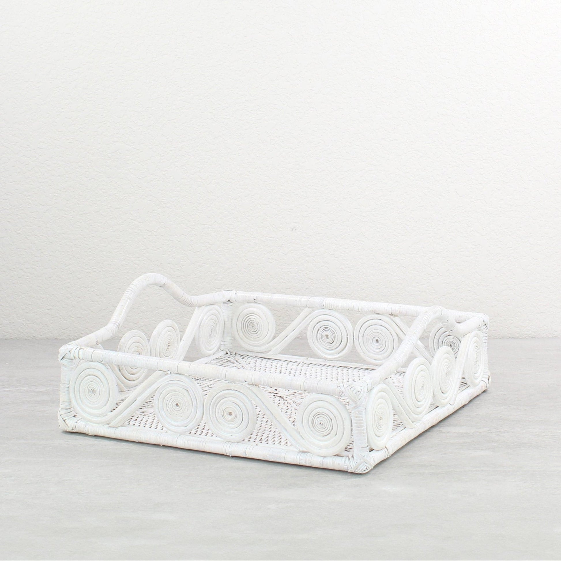 Eco Handcraft swirly square rattan tray in whitewash, perfect for elegant dining, serving, or tabletop styling