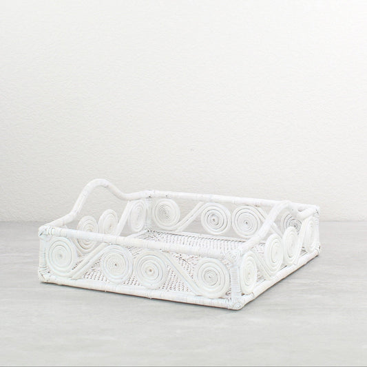 Eco Handcraft swirly square rattan tray in whitewash, perfect for elegant dining, serving, or tabletop styling