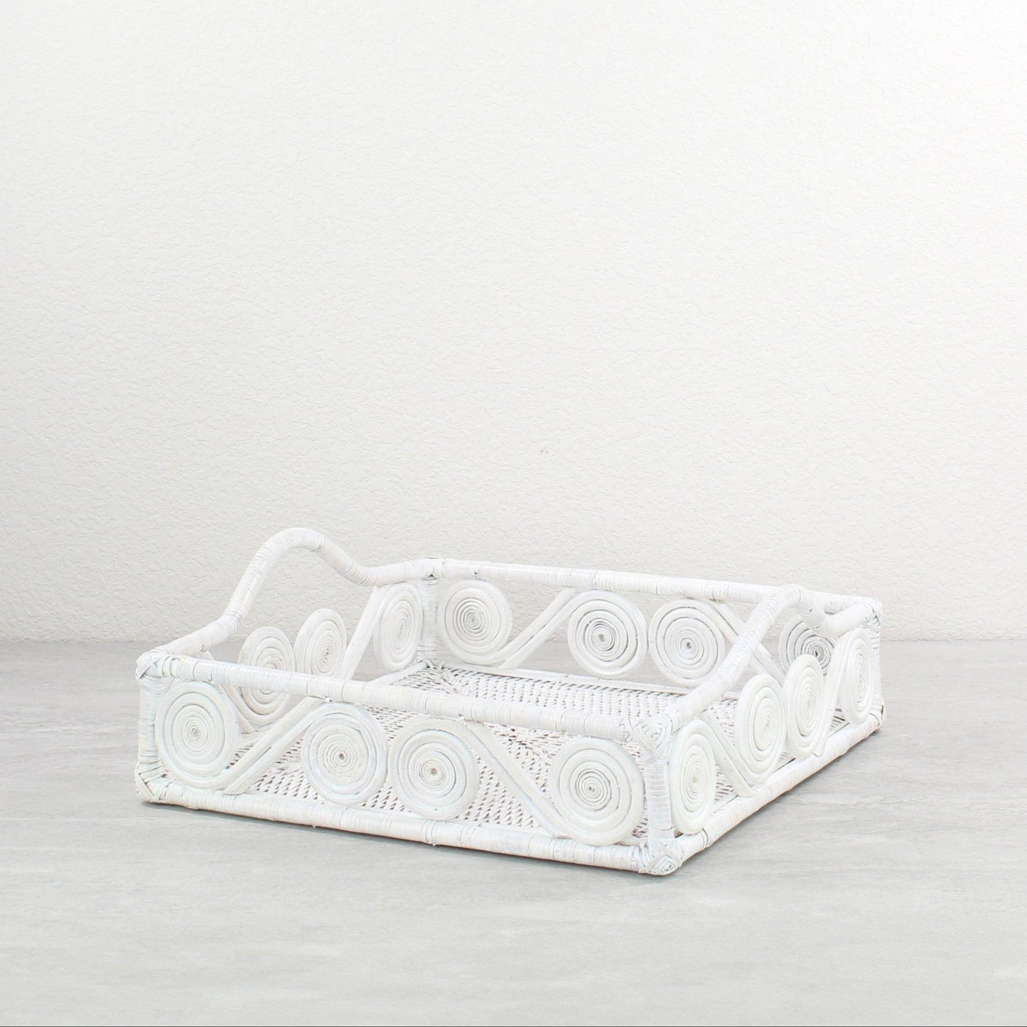 Eco Handcraft whitewash rattan decorative tray with swirl detail, perfect for elegant kitchen or bathroom display