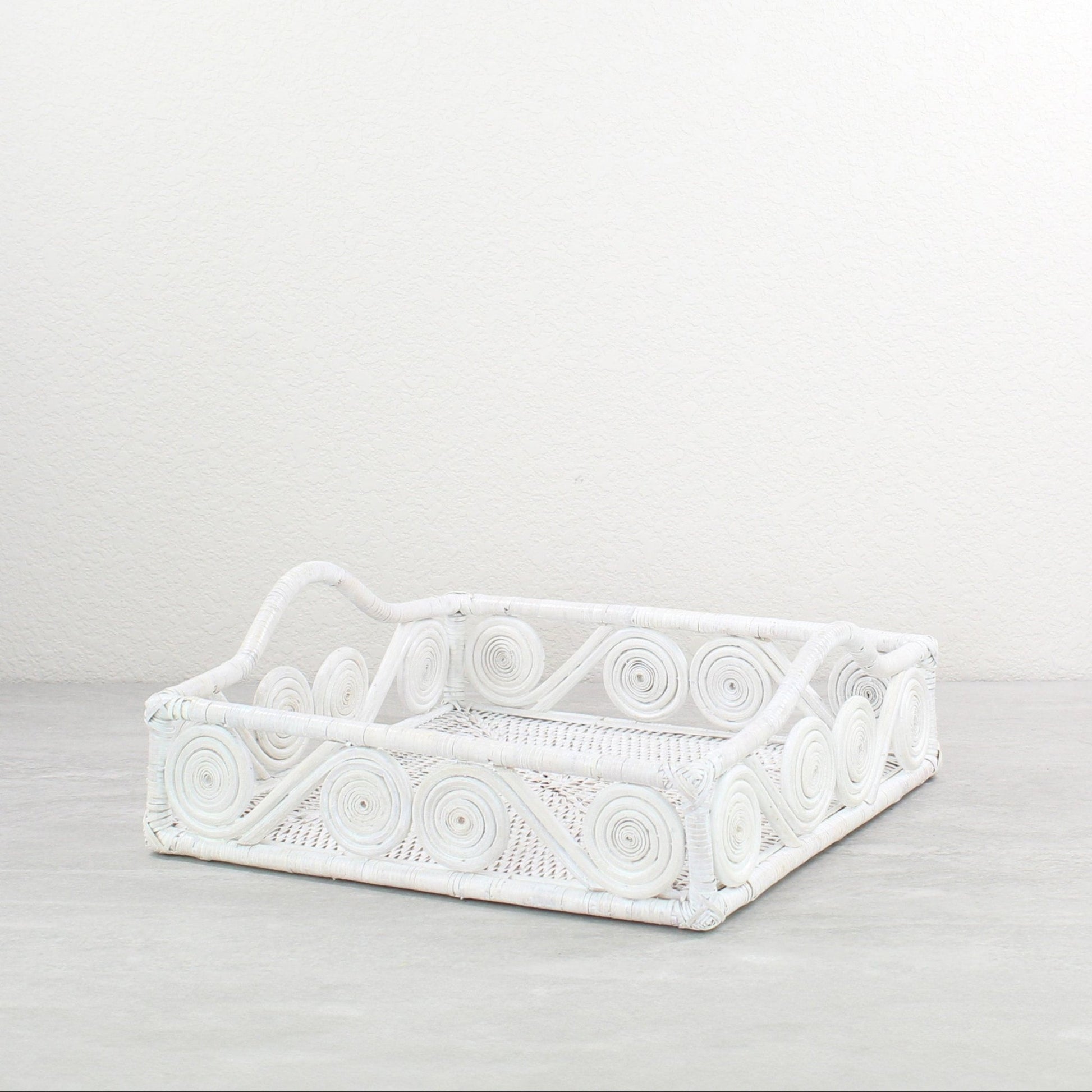 Eco Handcraft whitewash rattan decorative tray with swirl detail, perfect for elegant kitchen or bathroom display