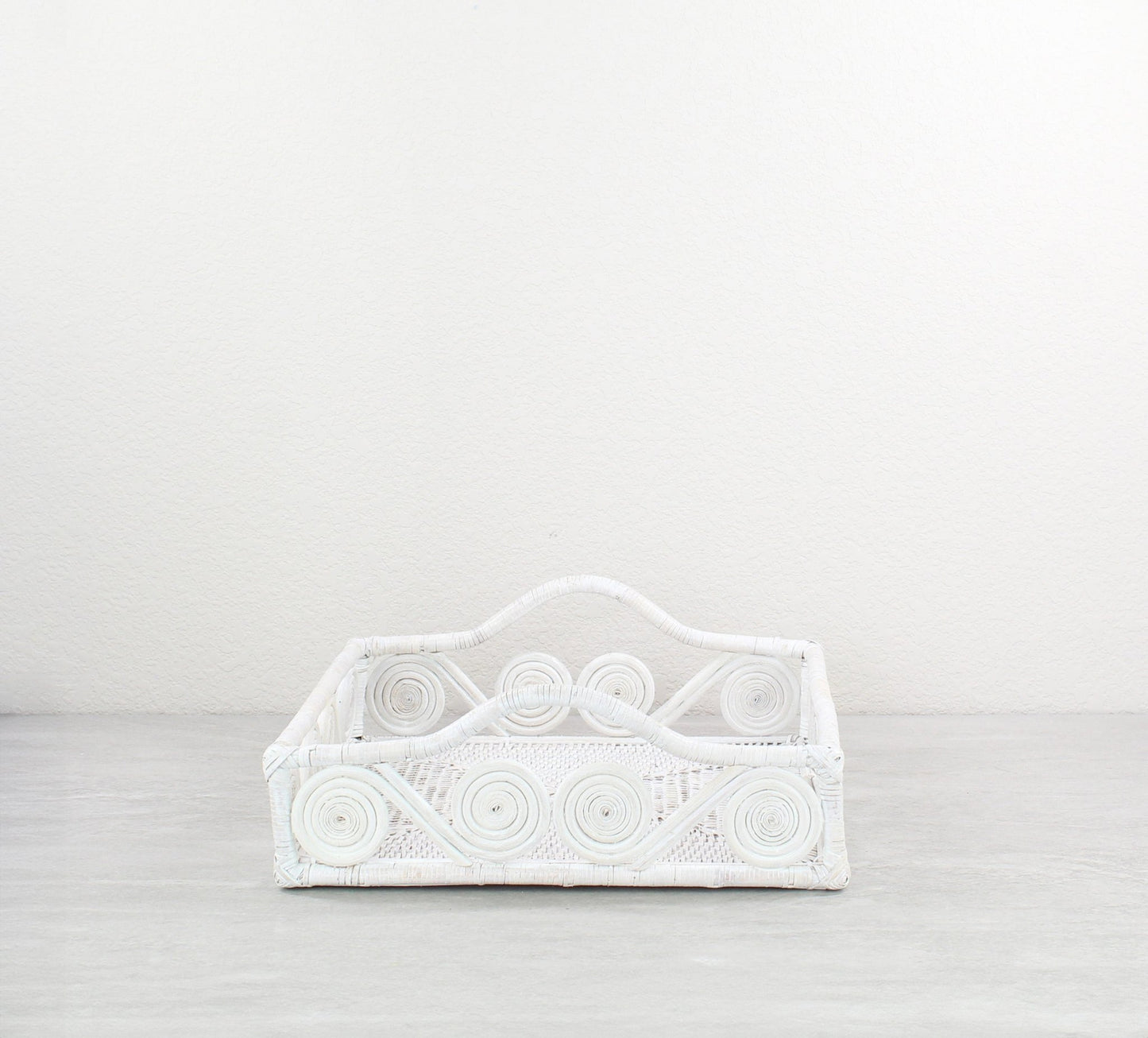 Eco Handcraft whitewash rattan swirly tray, handmade for chic boho dining or kitchen decor