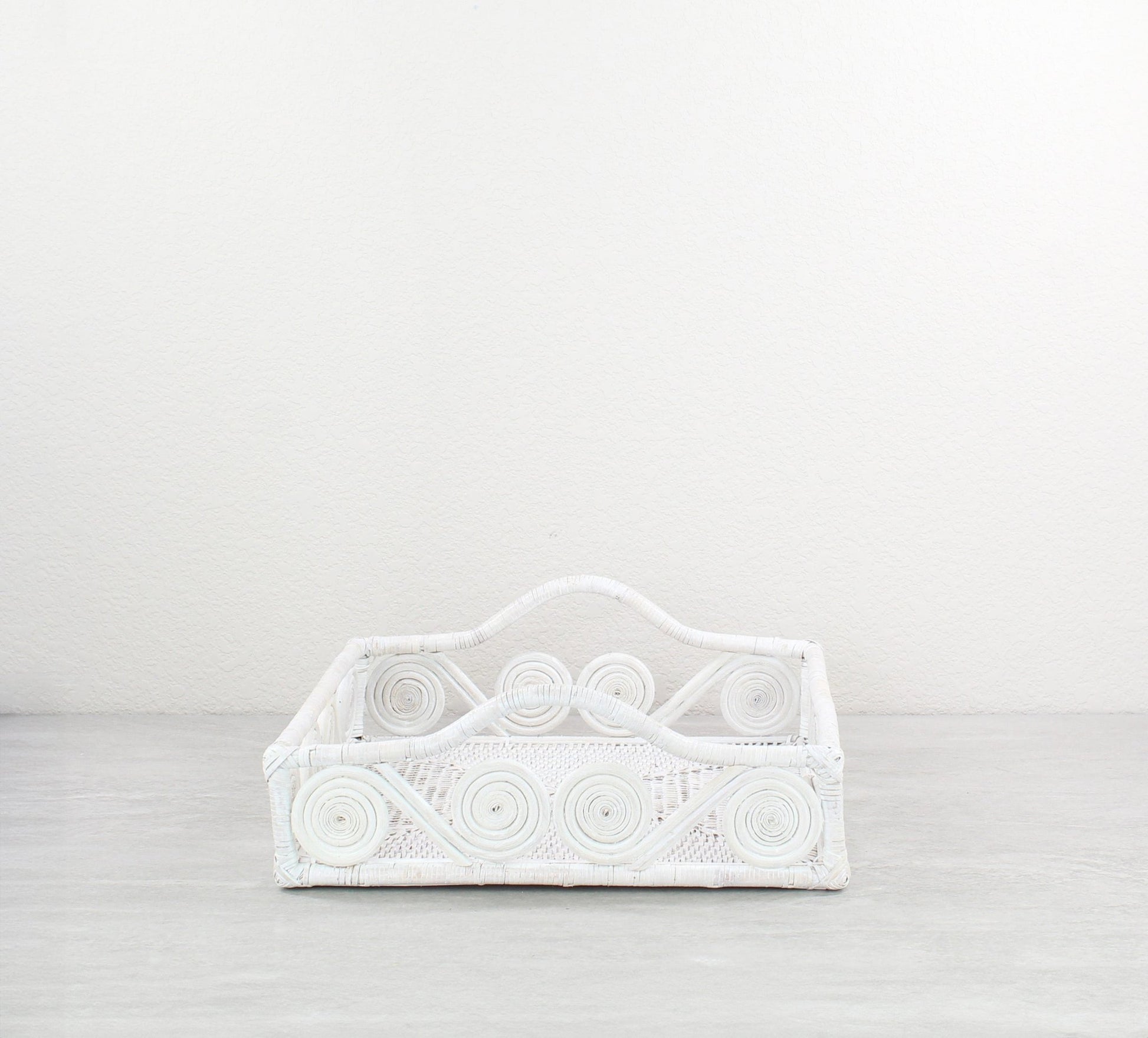 Eco Handcraft whitewash rattan swirly tray, handmade for chic boho dining or kitchen decor