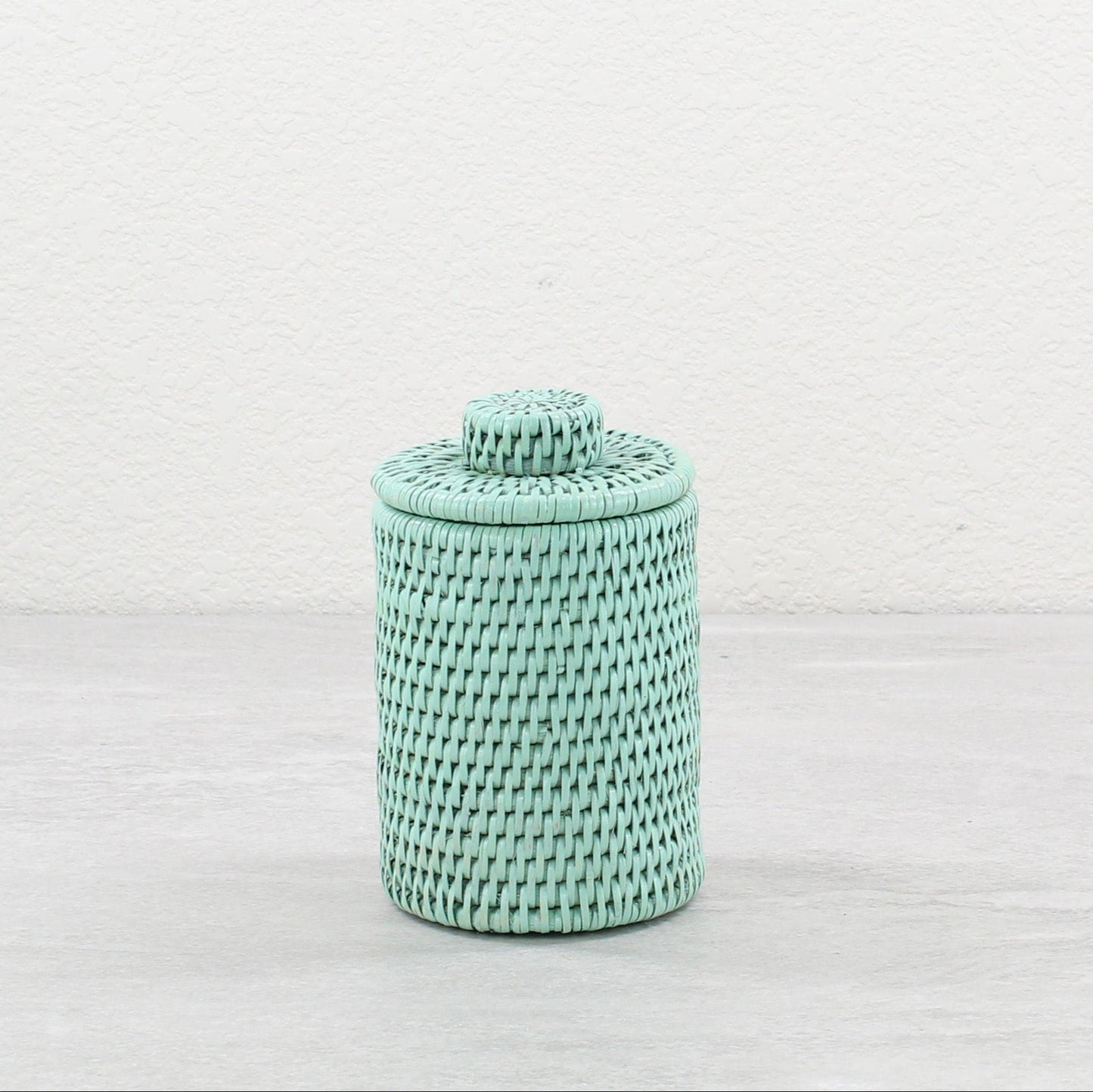 Eco Handcraft sage green rattan canister with lid, handmade for bathroom, kitchen, or countertop storage