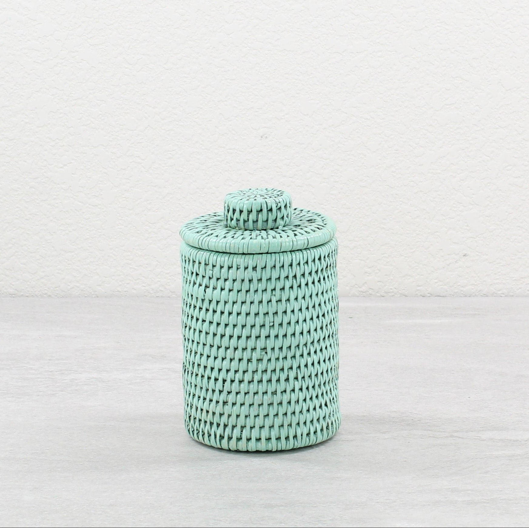 Eco Handcraft sage green rattan canister with lid, handmade for bathroom, kitchen, or countertop storage