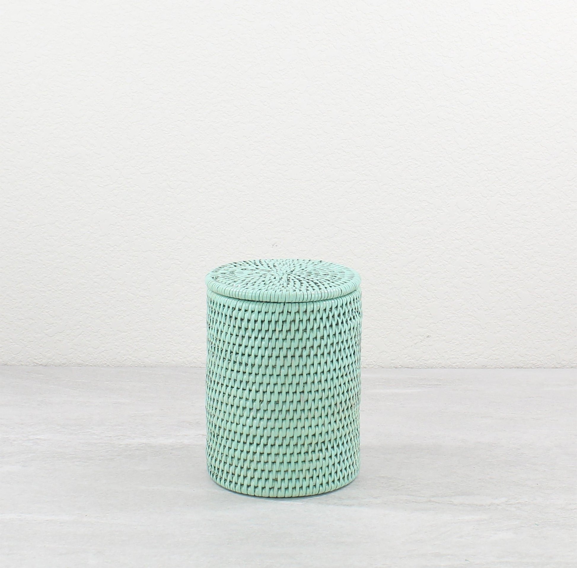 ECO HANDCRAFT sage green rattan canister with round lid – sustainable handmade storage for cotton pads or small items