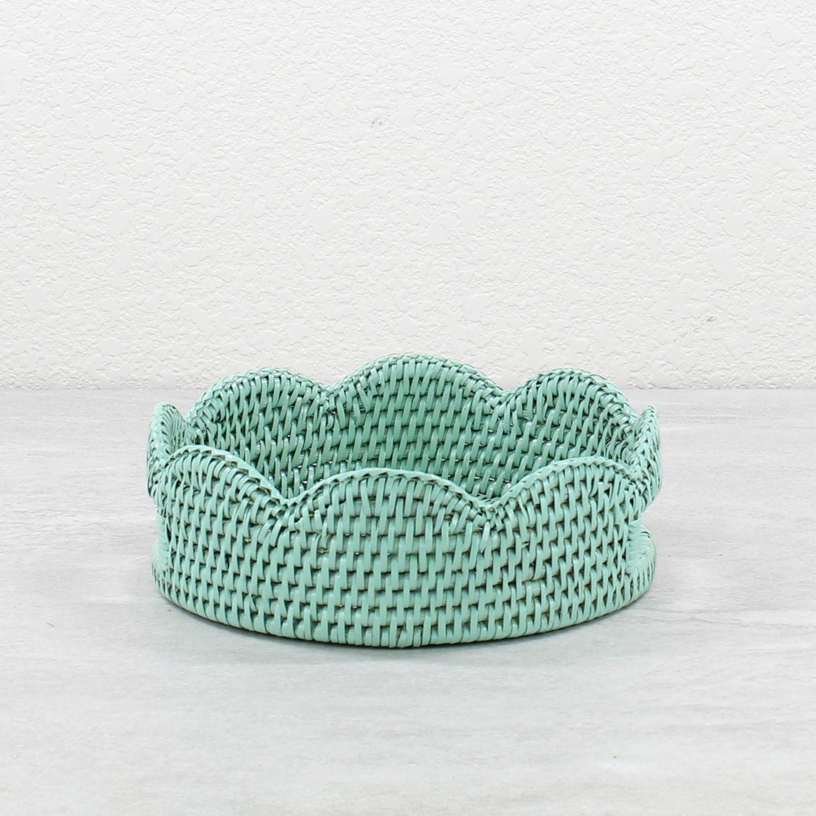 ECO HANDCRAFT small sage green round rattan tray with scalloped edges for organizing keys, soaps, or accessories
