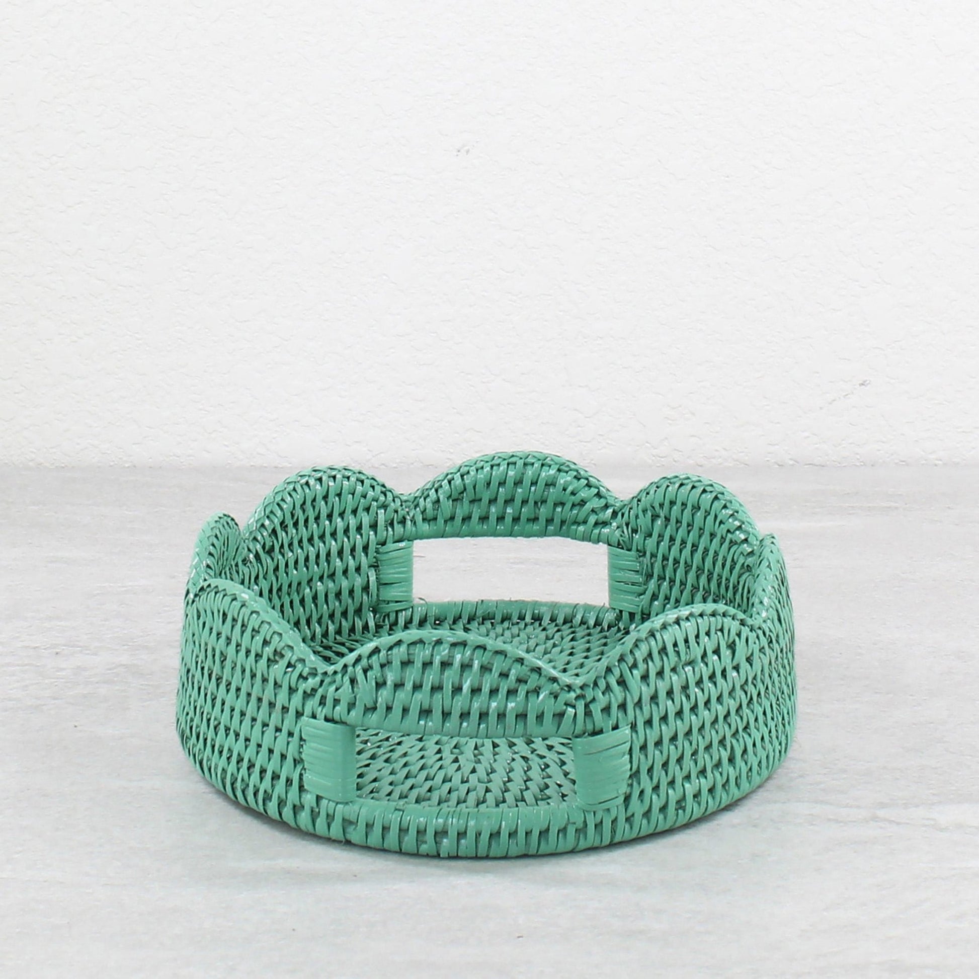 Eco Handcraft scalloped round turquoise rattan tray with side handles for elegant serving or organizing
