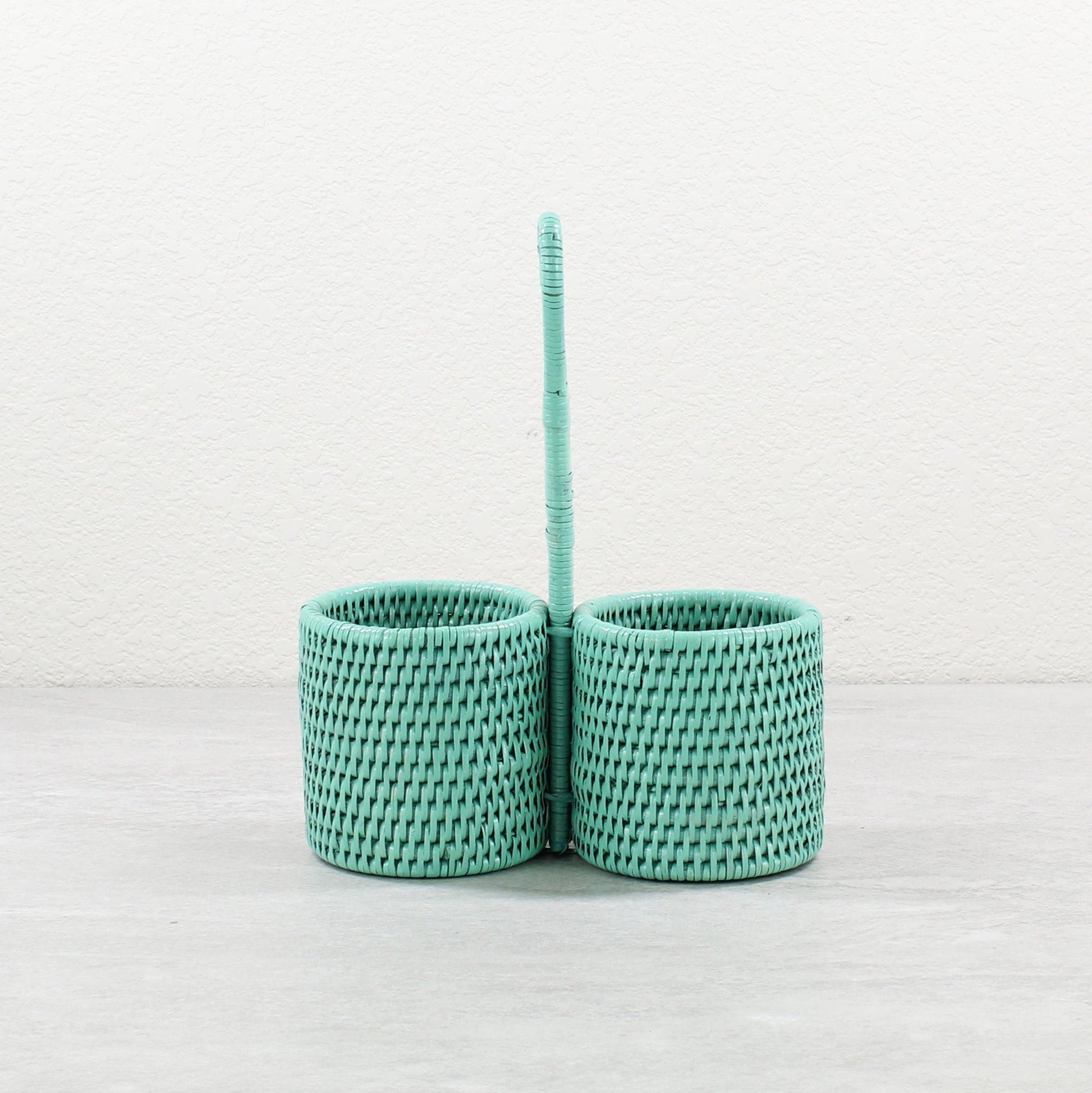 Eco Handcraft dual turquoise rattan condiment holder with center handle for tabletop sauces or cutlery