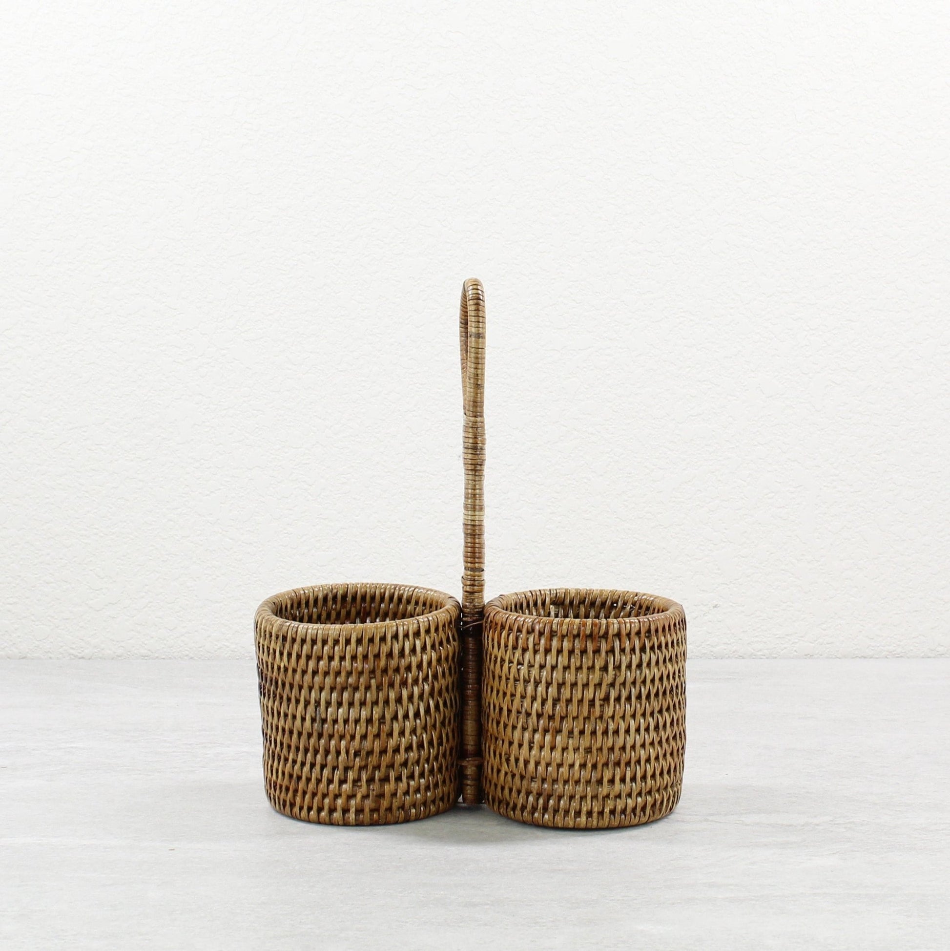 ECO HANDCRAFT two-compartment rattan condiment holder with handle, perfect for eco-style table organization