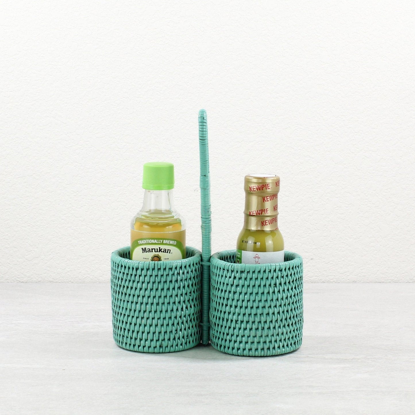 Eco Handcraft turquoise rattan dual condiment holder with handle, perfect for sauces or table organization