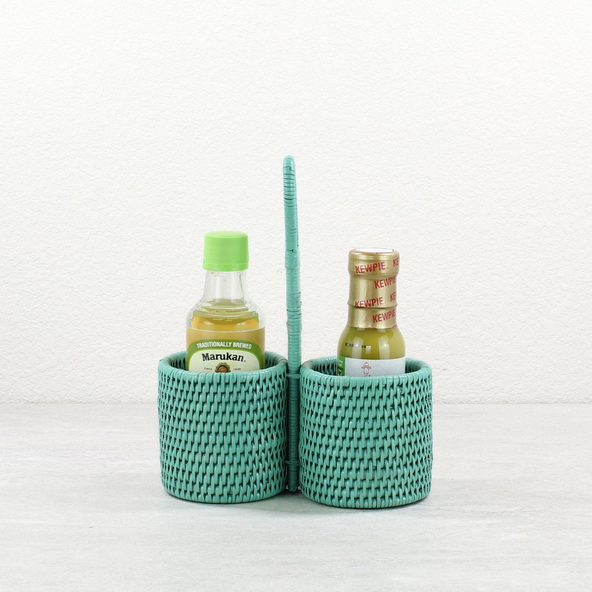 Eco Handcraft turquoise rattan dual condiment holder with handle, perfect for sauces or table organization