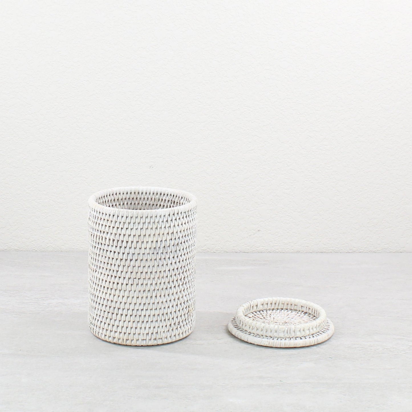 Eco Handcraft whitewash rattan canister with removable lid, handwoven for sustainable storage and decor use