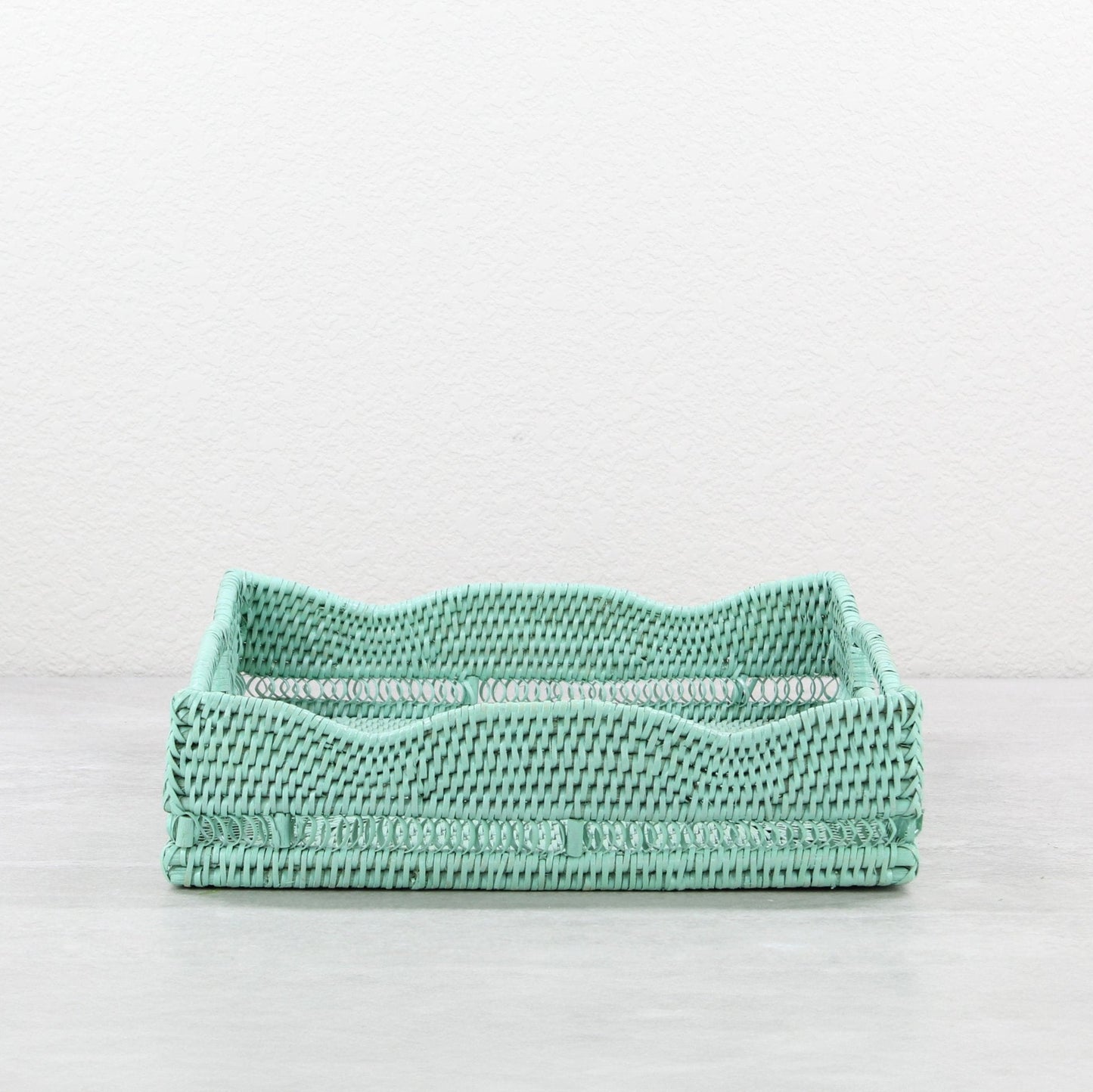 ECO HANDCRAFT sage green low rattan tray with scalloped edge, perfect for bread, fruit, or dresser organization