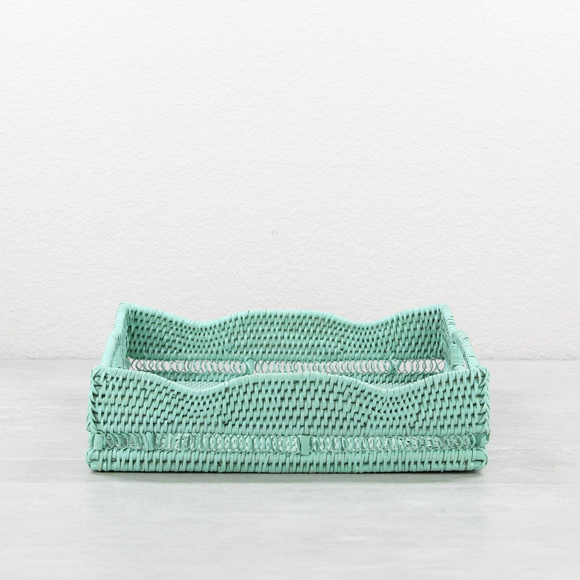 ECO HANDCRAFT sage green low rattan tray with scalloped edge, perfect for bread, fruit, or dresser organization