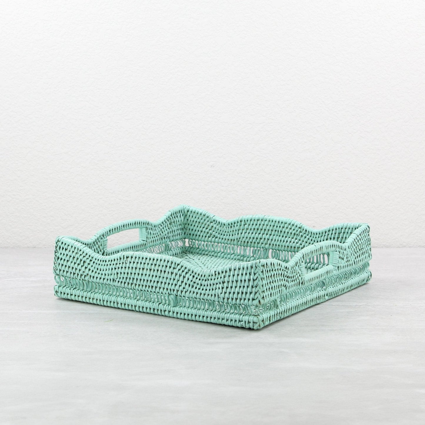 ECO HANDCRAFT sage green square rattan tray with scalloped edge, perfect for bread, fruit, or dresser organization