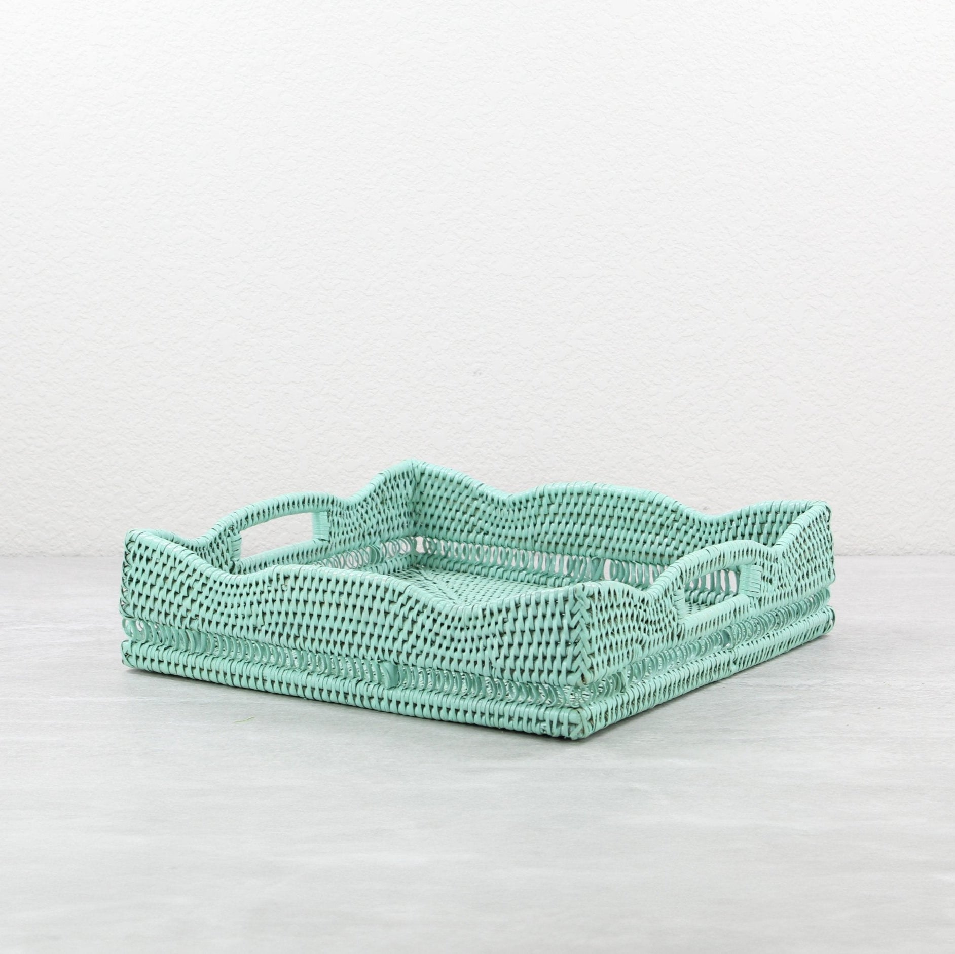 ECO HANDCRAFT sage green square rattan tray with scalloped edge, perfect for bread, fruit, or dresser organization
