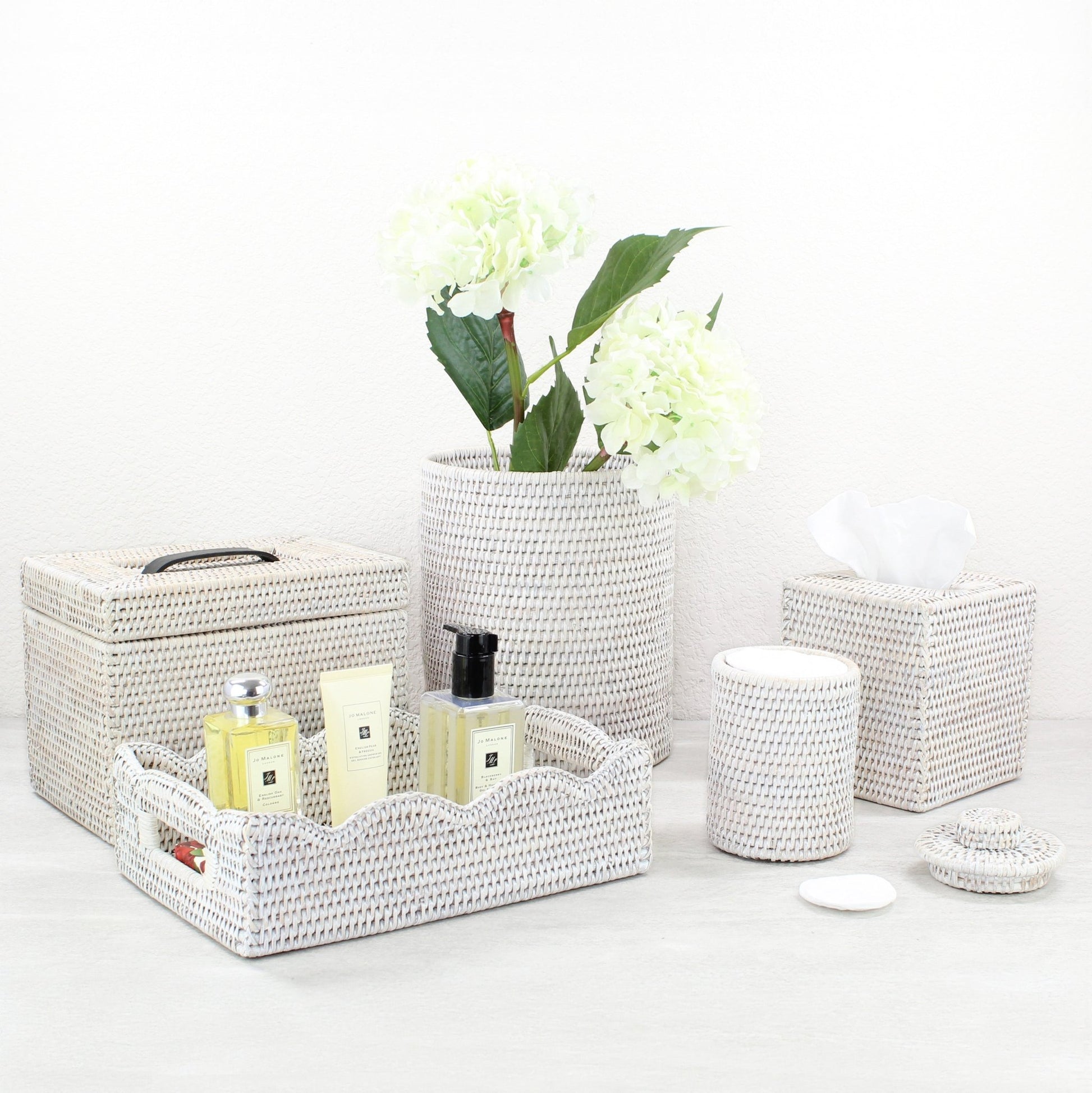ECO HANDCRAFT whitewash rattan bathroom set with tissue box, canister, vanity tray, and flower vase decor