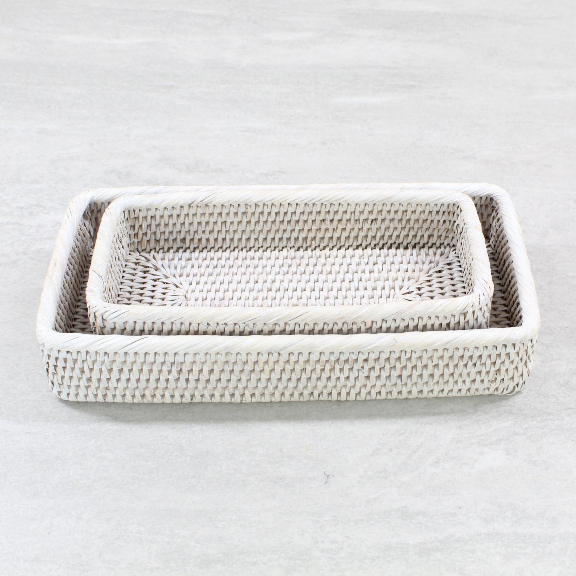Eco Handcraft whitewash rattan rectangular trays set, handmade for bathroom, vanity, or kitchen counter