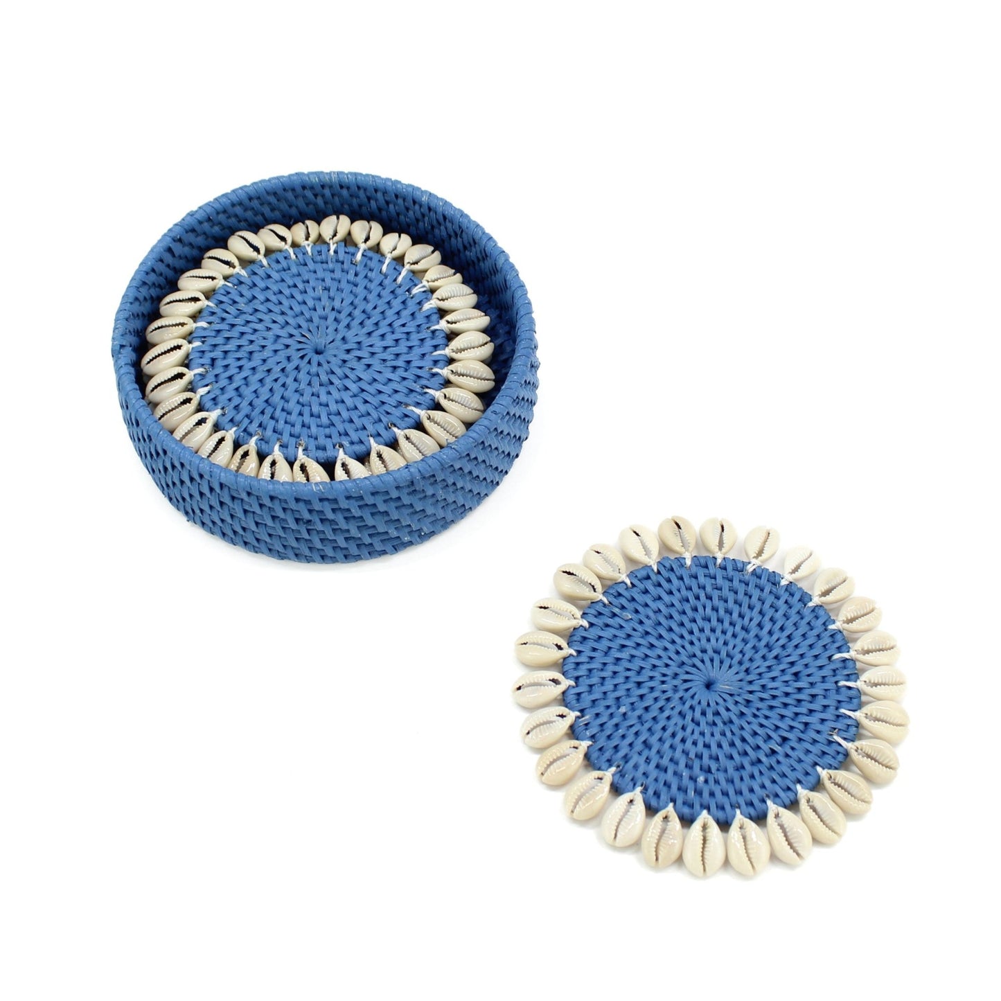 Eco Handcraft blue rattan coasters with seashell trim and holder, perfect for elegant coastal table settings