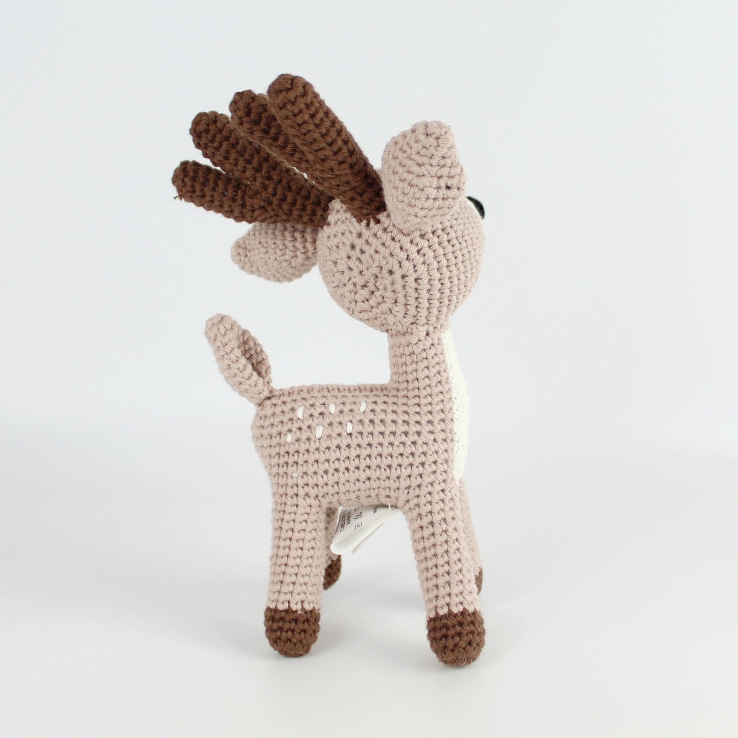 Handmade crochet amigurumi deer toy in khaki with antlers, eco-friendly holiday décor or Christmas gift for kids and collectors.