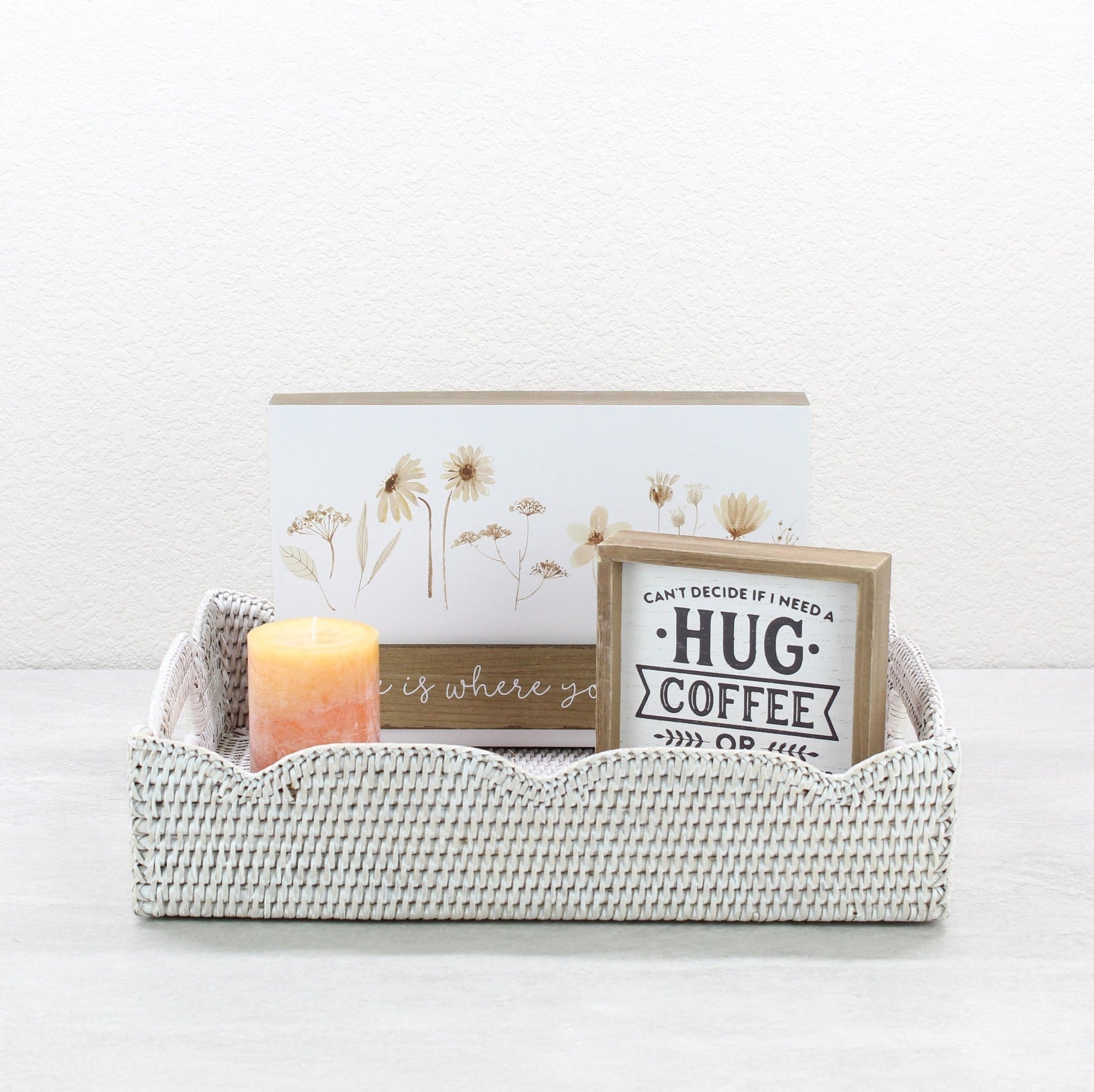 Eco Handcraft Whitewash scalloped rattan tray with candle and decorative wood block signs