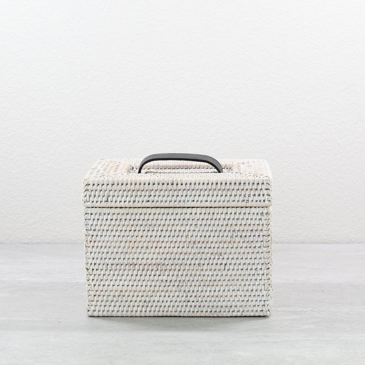 Eco Handcraft whitewash rattan storage box with black handle, elegant handmade organizer for home or bathroom use