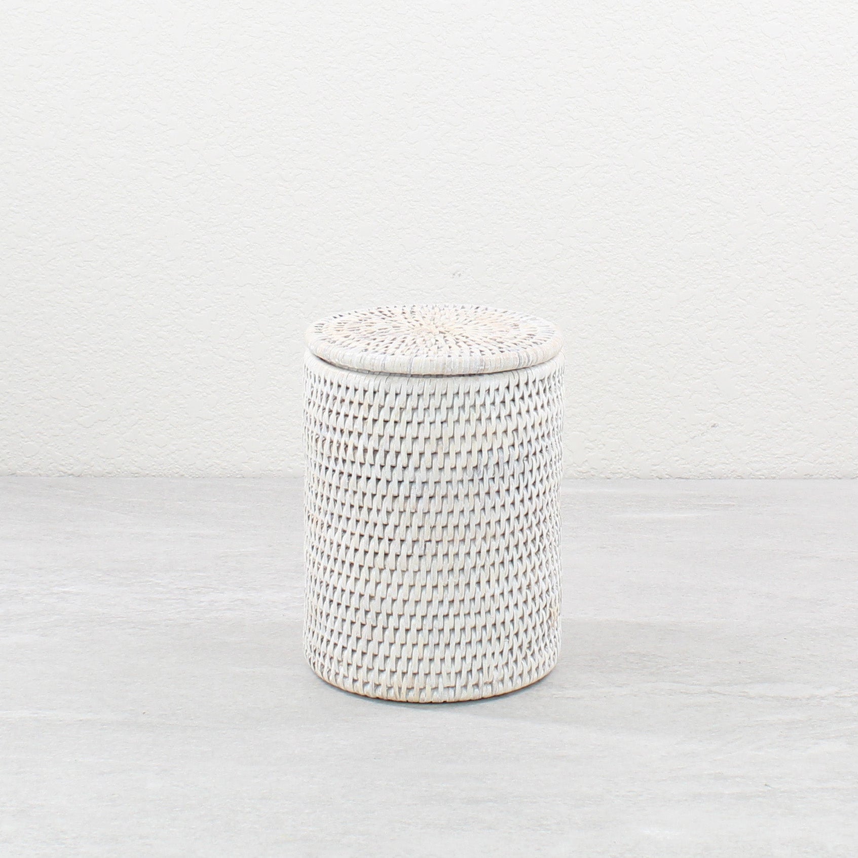 Eco Handcraft whitewash round rattan canister with lid, handmade for spa bathroom or minimal storage solution